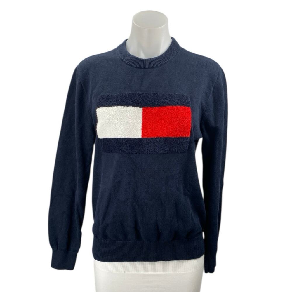 Tommy Hilfiger Women's Blue Fleece Logo Crewneck Long Sleeve Sweater Top Size S